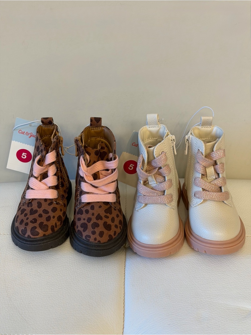 NWT Cat & Jack Kids Leopard Print Brown & White Boots with Pink Laces Bundle